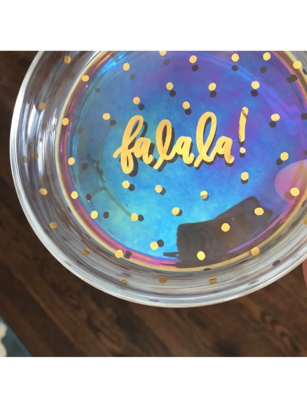 'Fa La La!' Round Iridescent Glass Trinket Dish Gold Polka Dots & Lettering 5”
